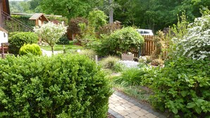 A garden with various plants, a wooden fence, and a paved path. - Ferienwohnung im Wald mit Kamin (Bad Harzburg)