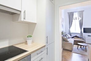 Apartamento, 1 quarto (16, incl. cleaning fee 45 EUR) | Cozinha privada | Geladeira grande, micro-ondas, fogão, cooktop