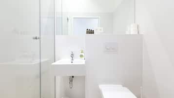 A modern bathroom with a glass shower enclosure, a white sink, and a toilet.