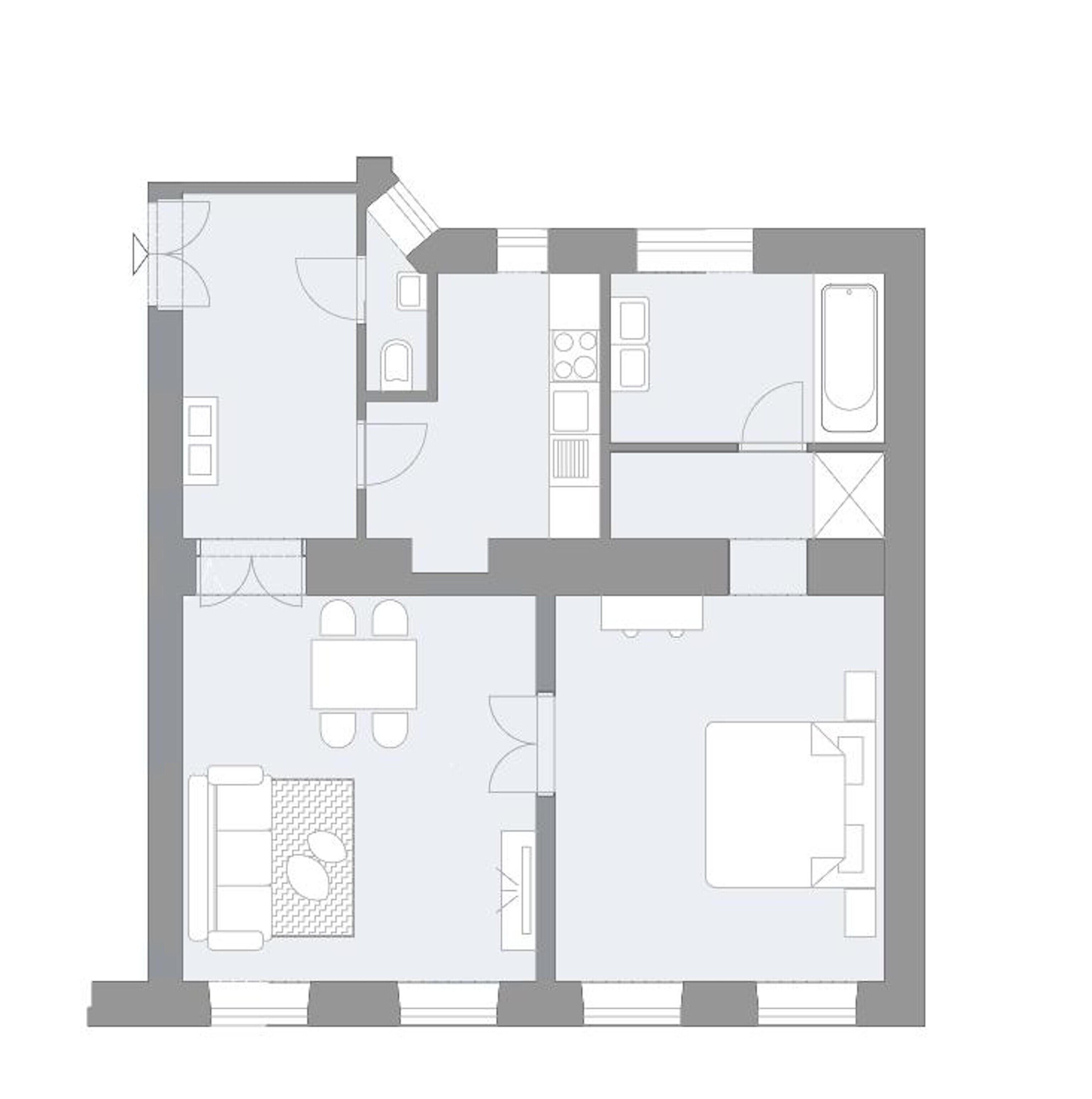 A floor plan of a hotel with a kitchen, dining area, two bedrooms, a bathroom, and a living room.