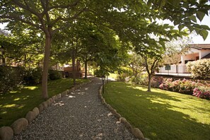 A gravel pathway leading through a garden with trees and flowering bushes. - Azienda Agrituristica Benza (Imperia)