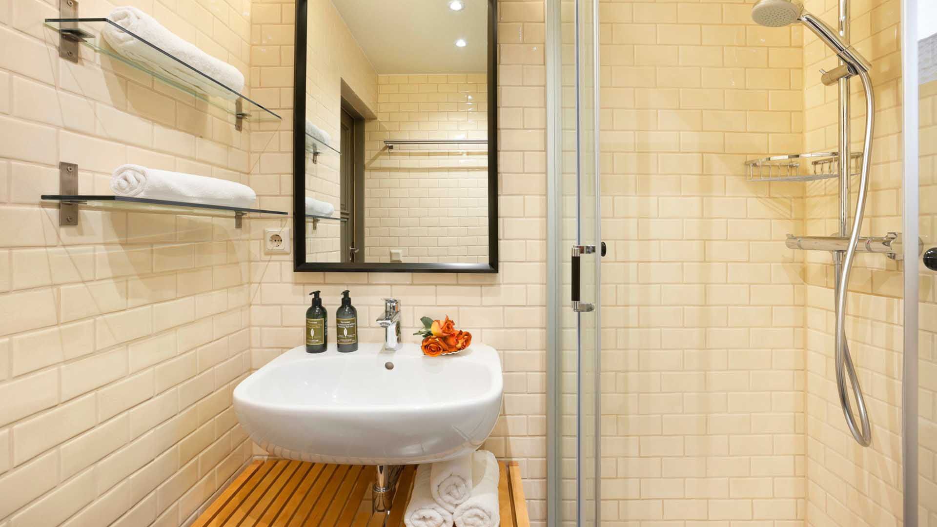 A bathroom with a white sink, two bottles of shampoo, a mirror, and a shower.
