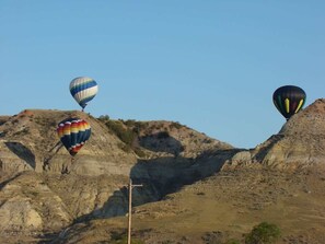 Trois montgolfières survolant un paysage montagneux.