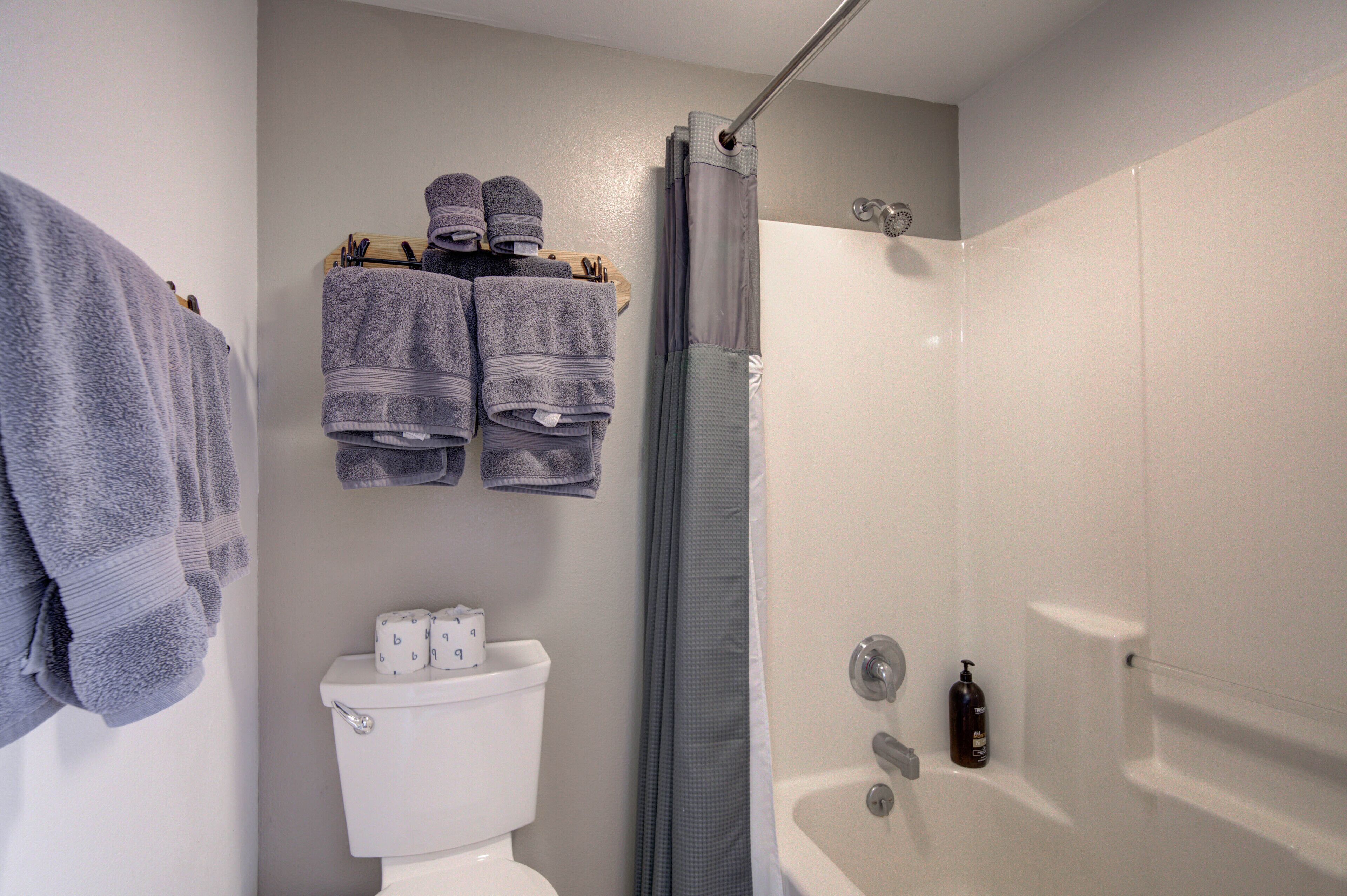 combined shower/bathtub, free toiletries, towels, soap