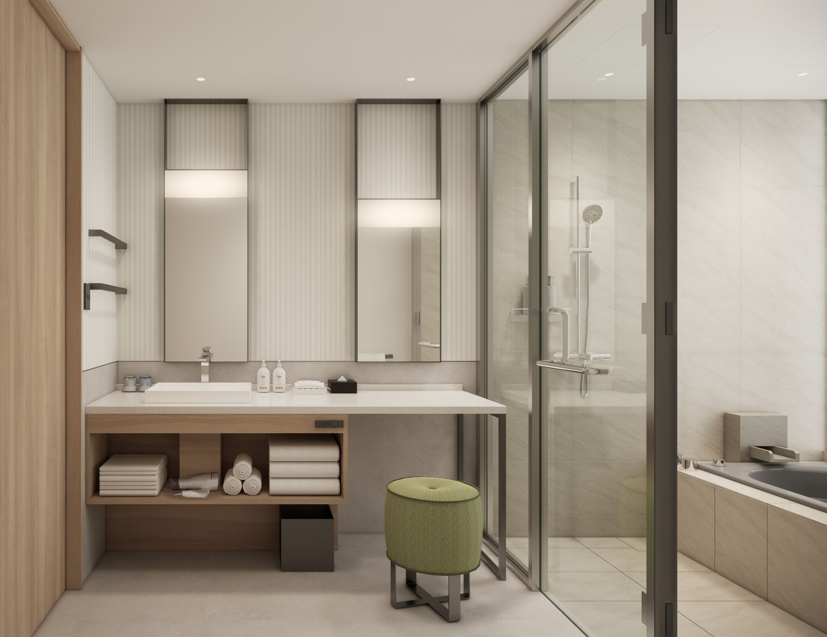 A modern bathroom with a large mirror, two sinks, a shower, and a green stool.