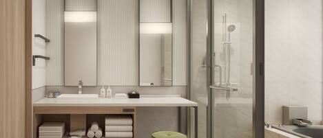 A modern bathroom with a large mirror, two sinks, a shower, and a green stool.