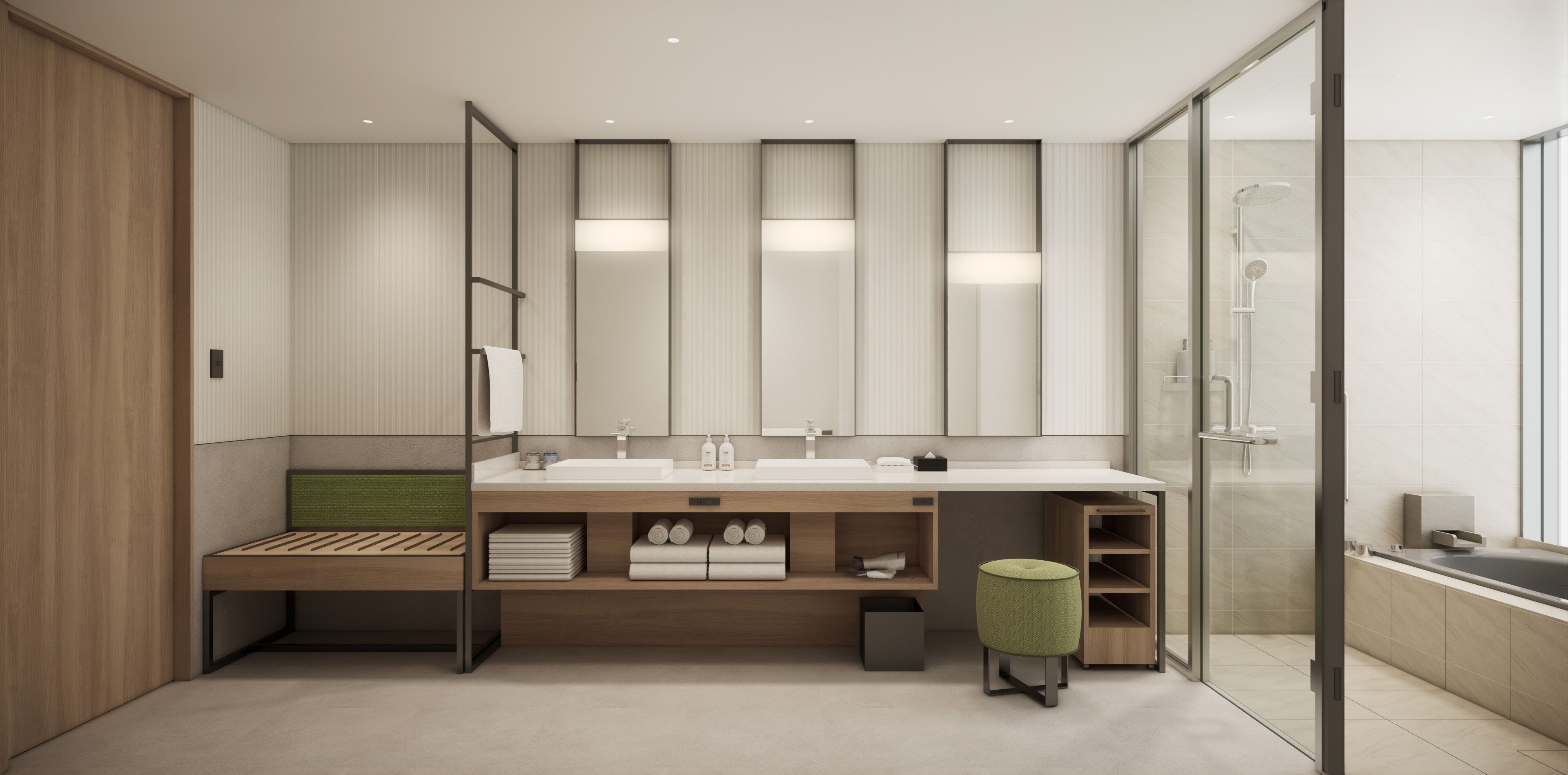Een moderne badkamer met een grote spiegel, twee wasbakken, een douche en een bankje.
