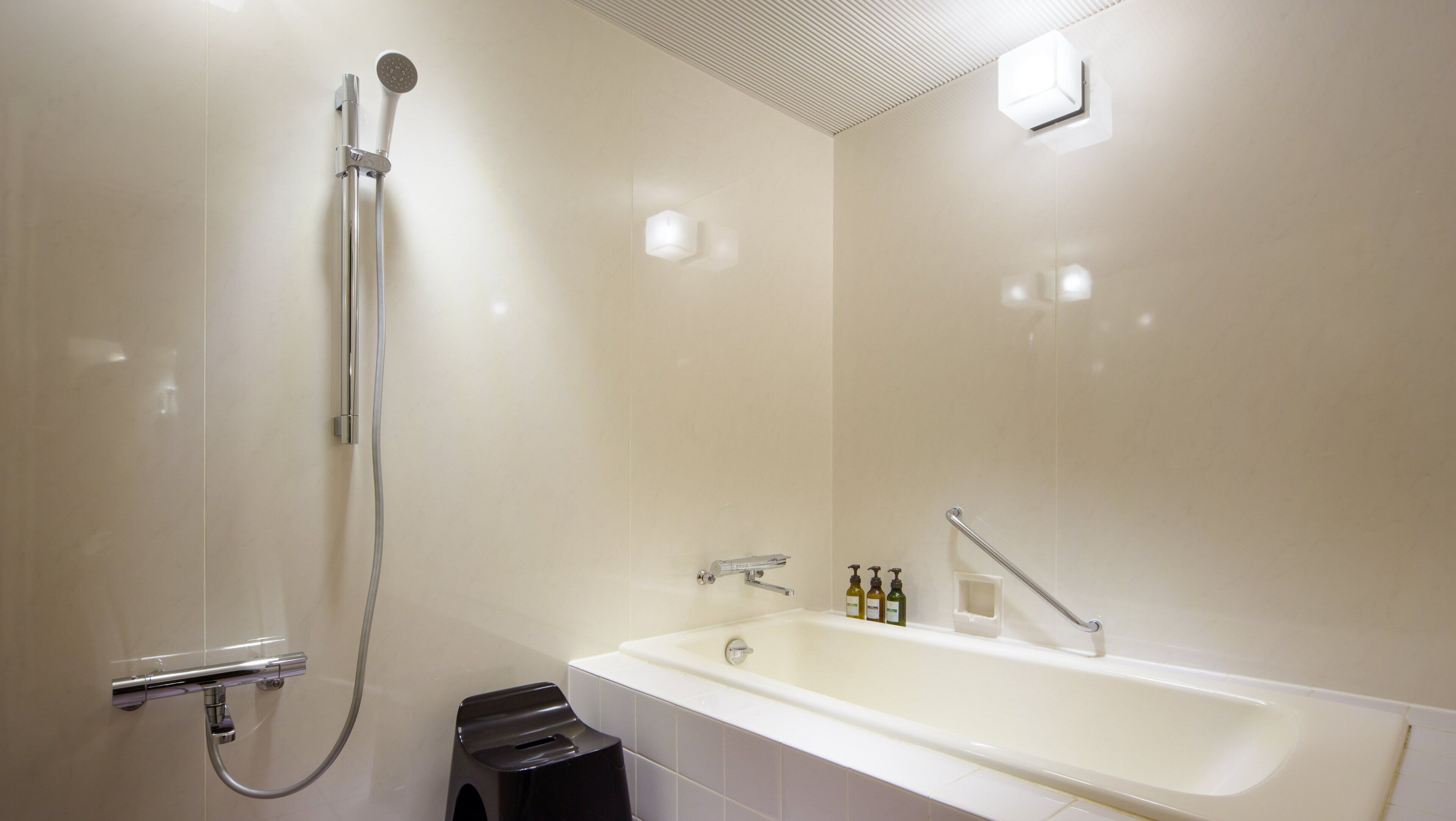 Et moderne badeværelse med bruser, badekar og toilet.
