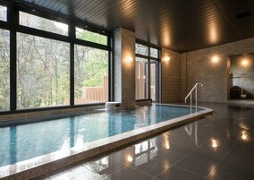 Una piscina con borde de piedra, ventanas amplias y techo de madera.