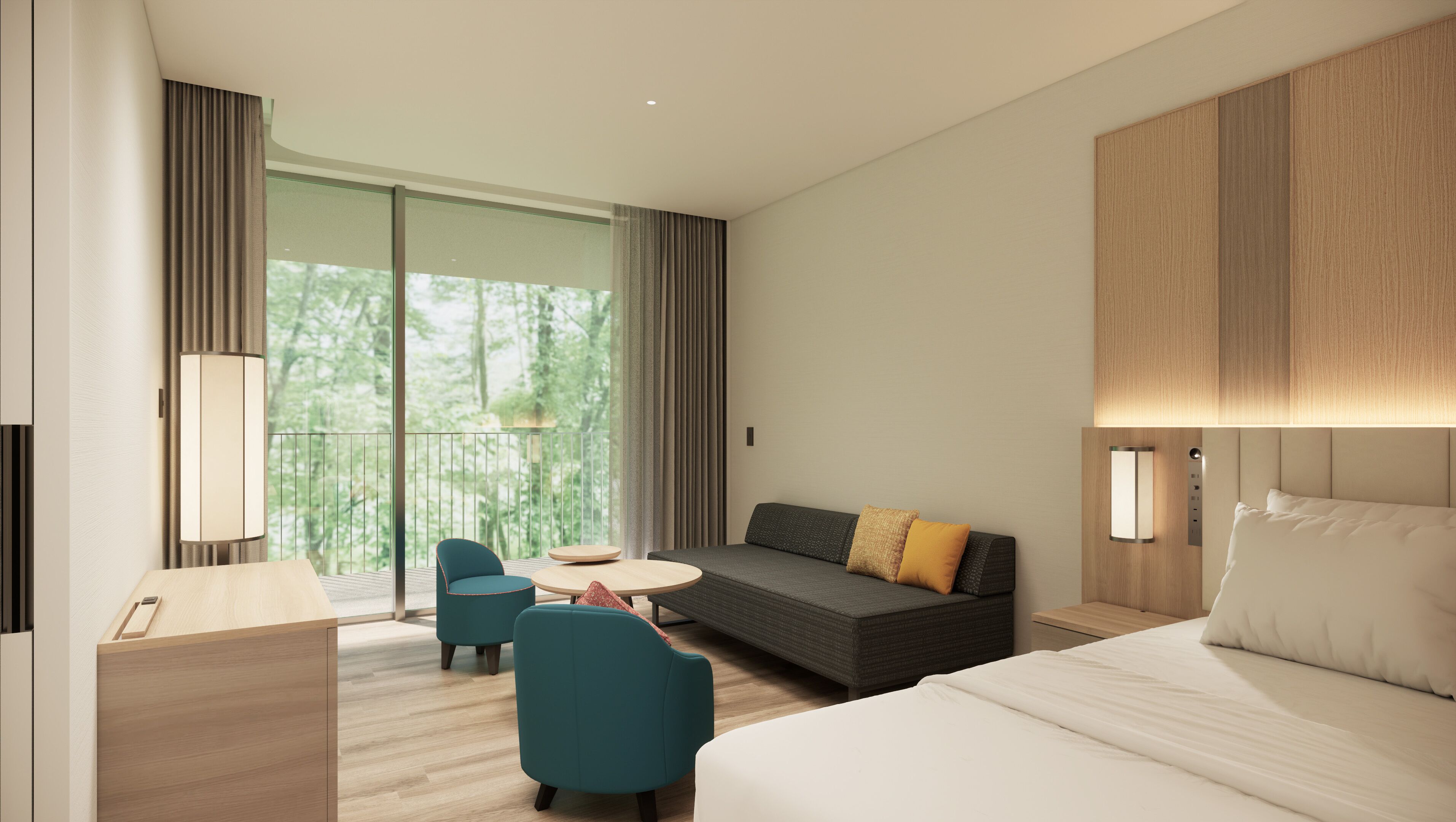 A modern hotel room with a bed, a sofa, a desk, and a chair. There is a large window with curtains, a lamp, and a view of trees.