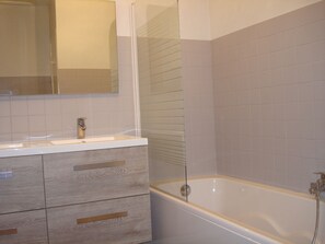 Bathtub, hair dryer, soap, toilet paper