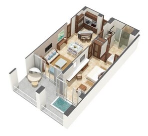 A 3D floor plan of a hotel room with a balcony, a bathroom, a dining area, and a living room.