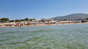 On the beach, sun loungers