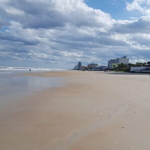 On the beach, sun loungers