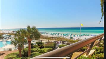 On the beach, sun-loungers