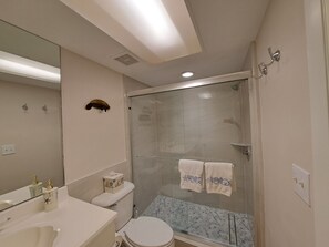 Shower, hair dryer, towels