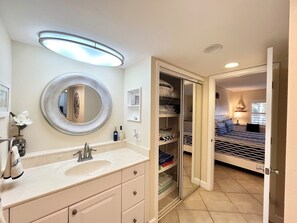 Shower, hair dryer, towels