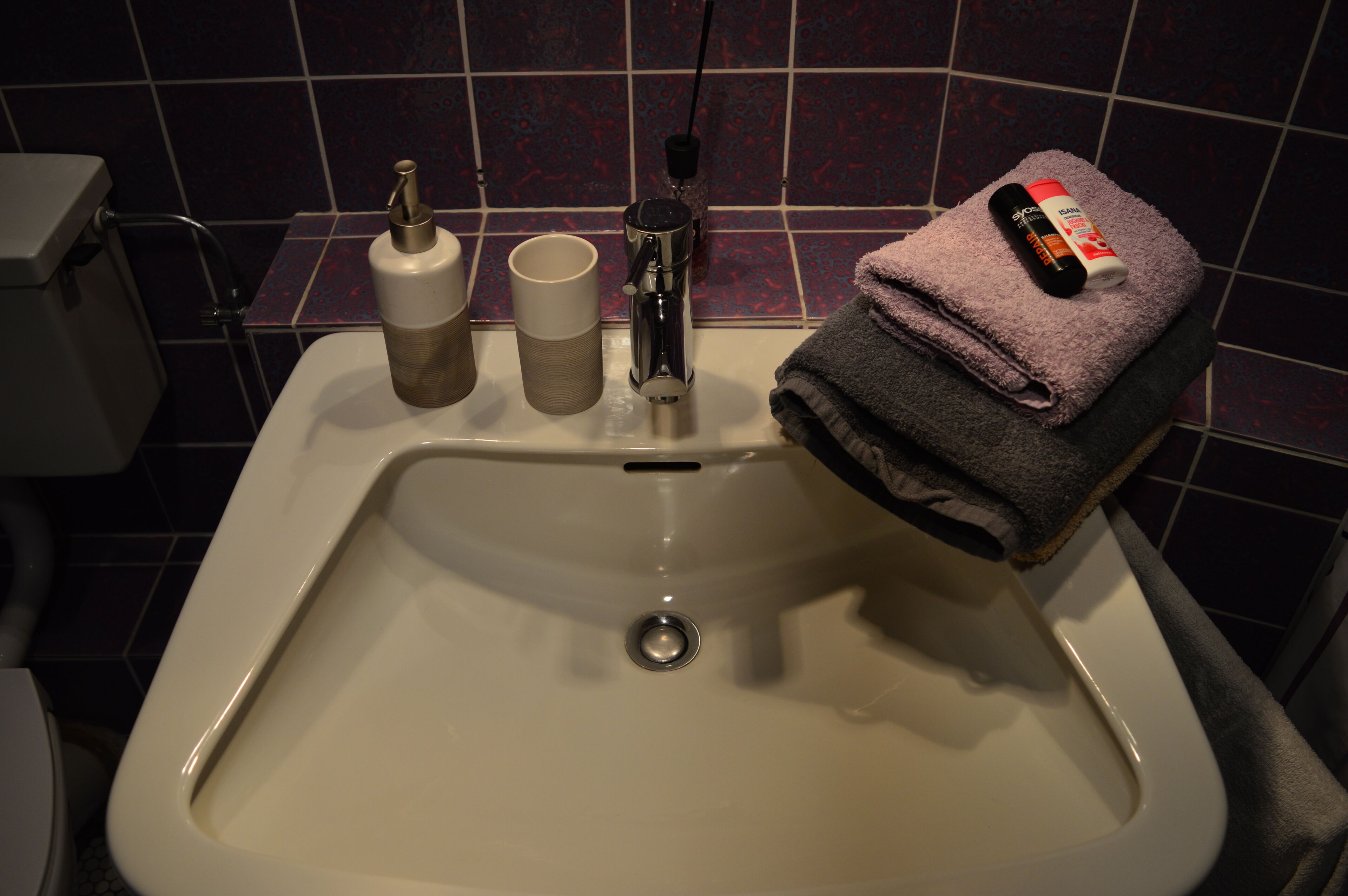 Kombination af bruser/badekar, hårtørrer, håndklæder, Shampoo