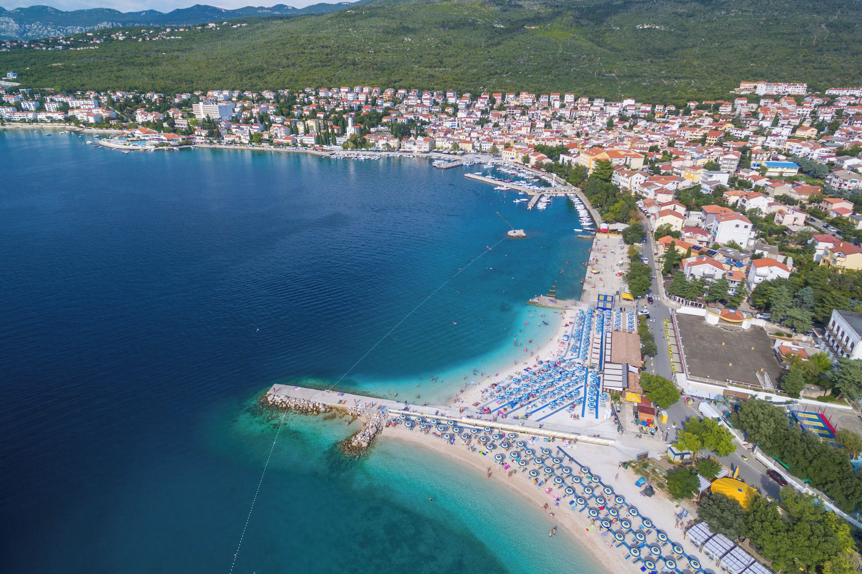 An aerial view of a coastal town with a marina, beach, and residential buildings.