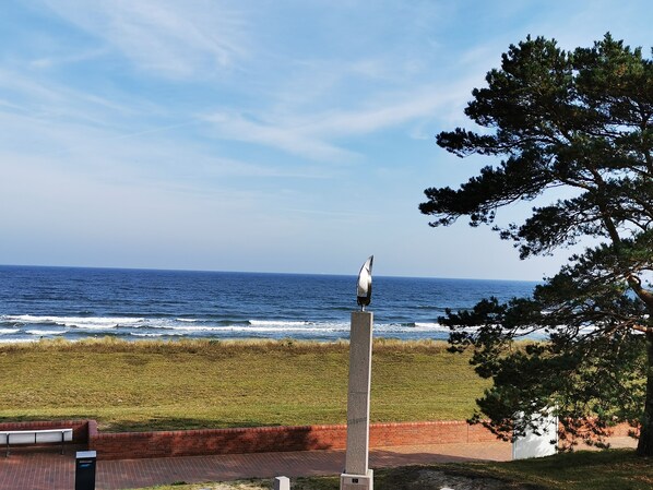 Une vue sur la côte, avec un monument et une zone herbeuse.