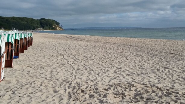 Une plage bordée de rangées de chaises longues et de parasols, un rivage sablonneux et une vue sur la mer et la terre au loin.