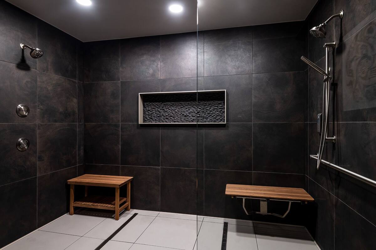 shower, designer toiletries, hair dryer, bathrobes