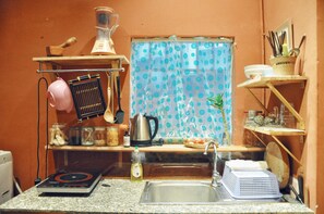 Compact kitchen with induction cooktop, stainless steel sink, and organized utensils and cookware.