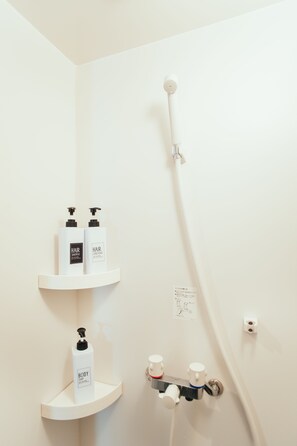 Combined shower/tub, hair dryer, slippers, towels