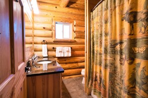 Combined shower/bathtub, hair dryer, towels