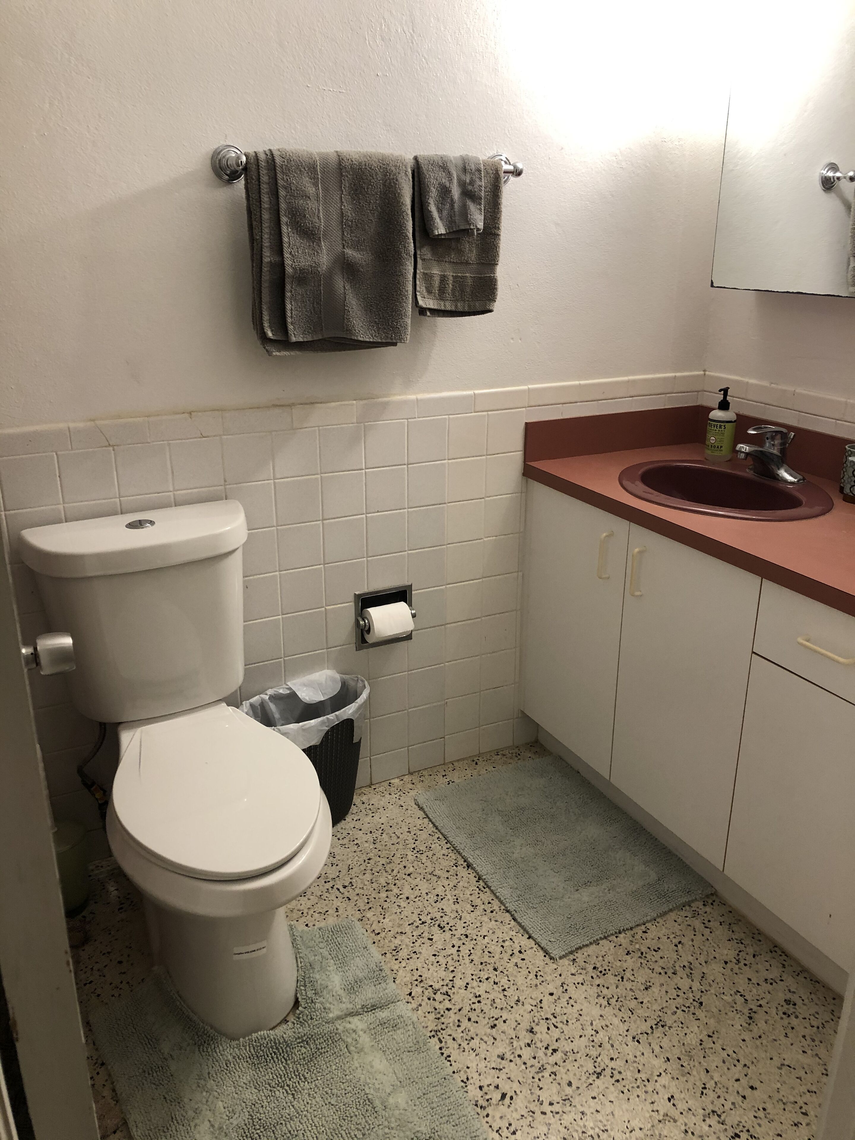 Uma casa de banho pequena com sanita, lavatório, um contentor de lixo e um porta-toalhas.