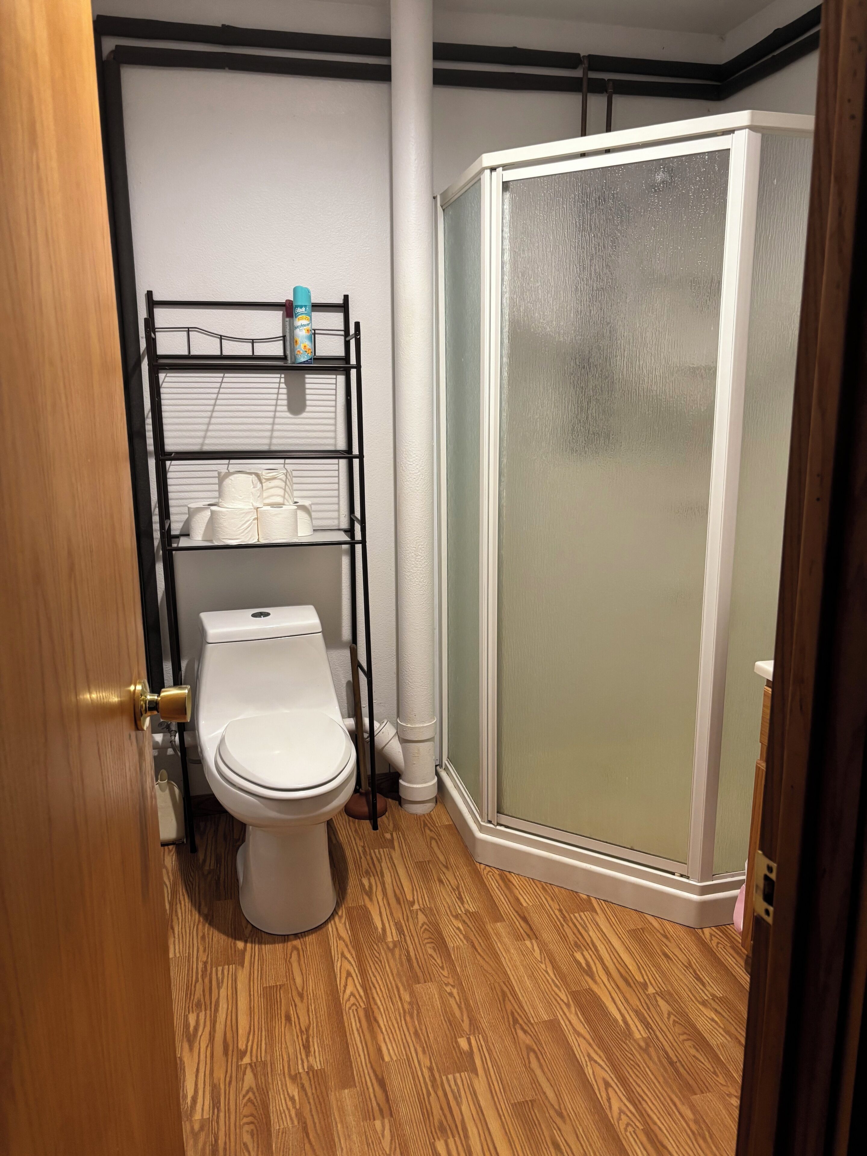 A bathroom with a white toilet, a wooden floor, a black metal shelf with toiletries, and a glass shower enclosure.