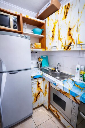 Fridge, microwave, oven, stovetop