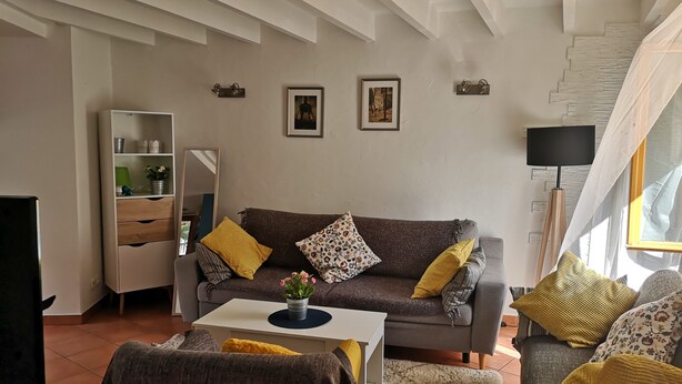 A living room with a sofa, coffee table, and a TV. There is a bookshelf, a mirror, and a lamp. - GITE 7/8 P. LE NAPOLEON, Not suitable for PRMs (Saint-Leu-la-Forêt)
