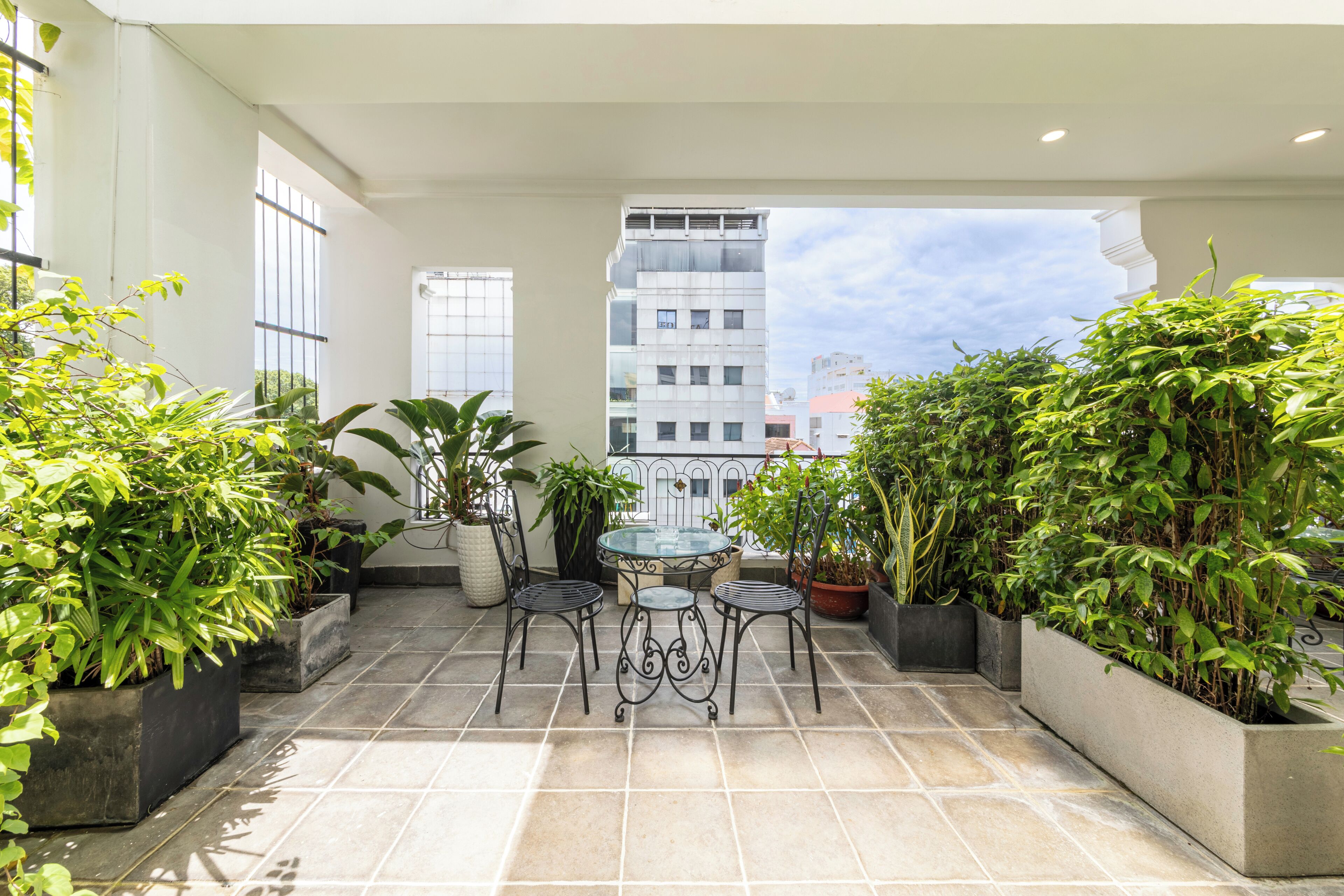 A terrace with a glass table and chairs, surrounded by potted plants, with a view of a building in the background.