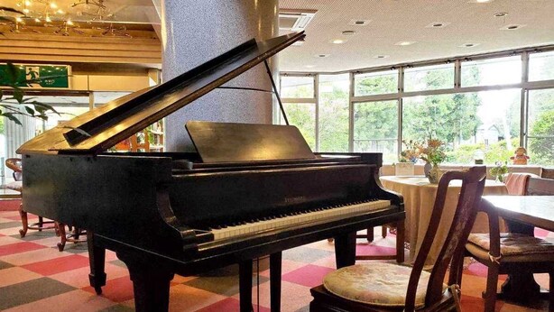 Un piano de cola en una habitación amplia con ventanas grandes, suelo a cuadros y una silla de madera.