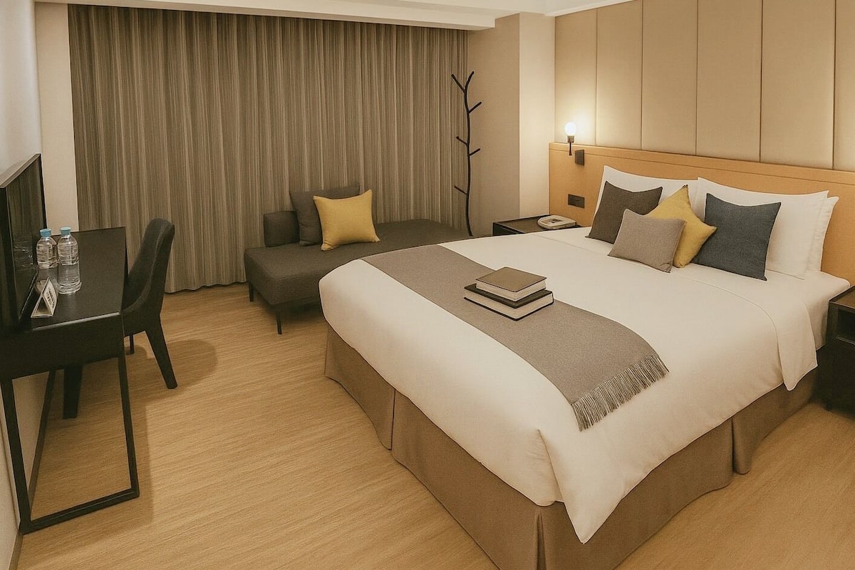 Une chambre d’hôtel avec un grand lit, un bureau avec une chaise, un canapé et une télévision.