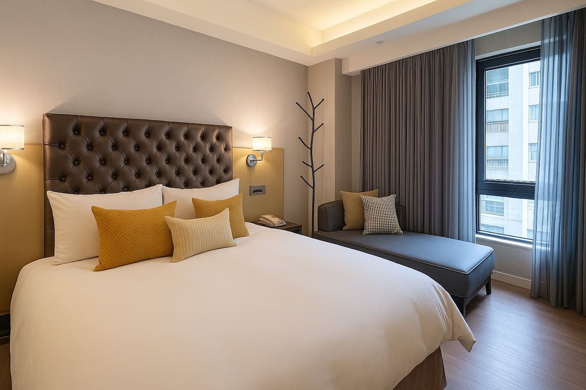 Une chambre d’hôtel avec un grand lit, une table de chevet, une lampe, une chaise et une vue sur la ville par la fenêtre.