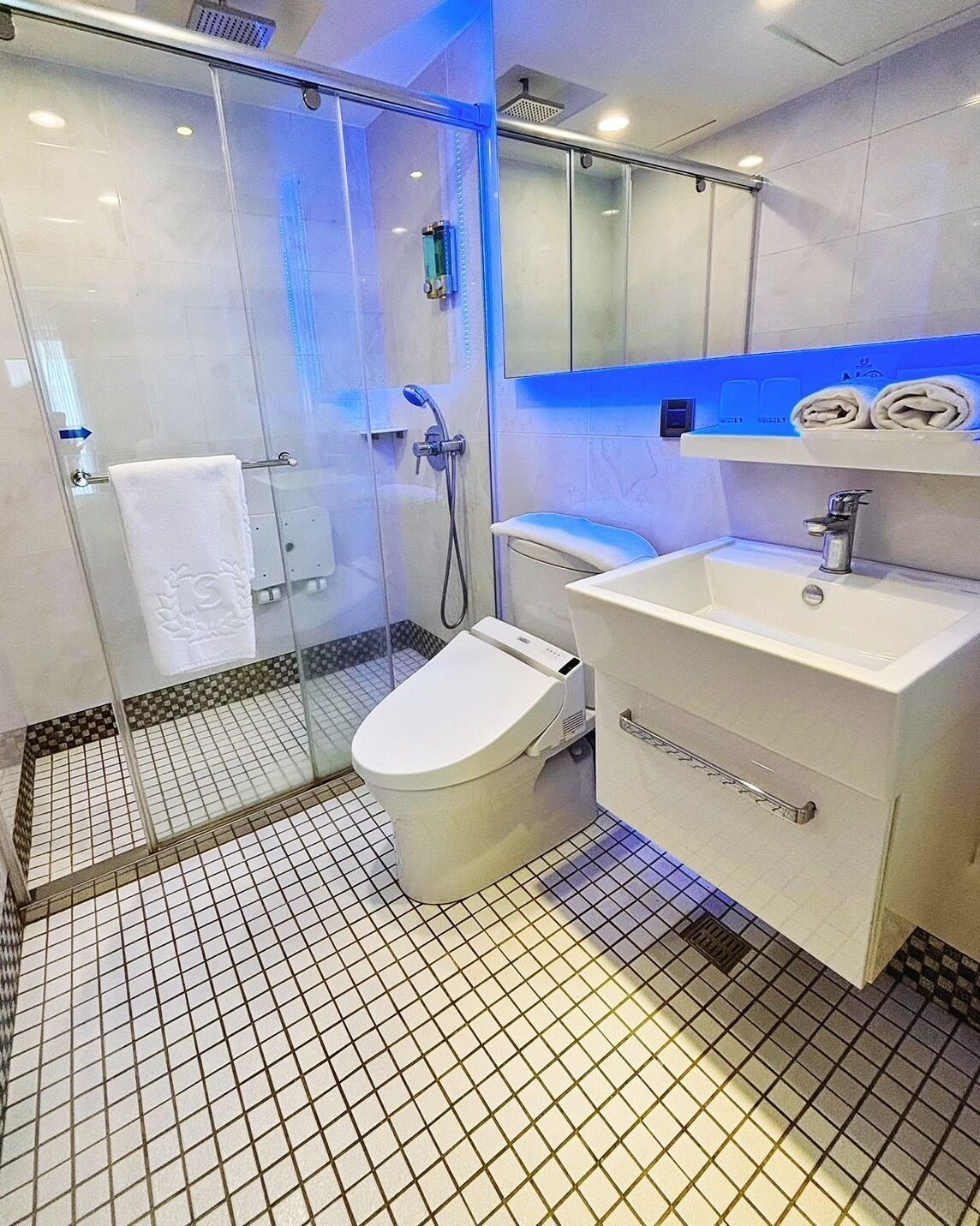 panoramic double room | bathroom | shower, free toiletries, hair dryer, towels