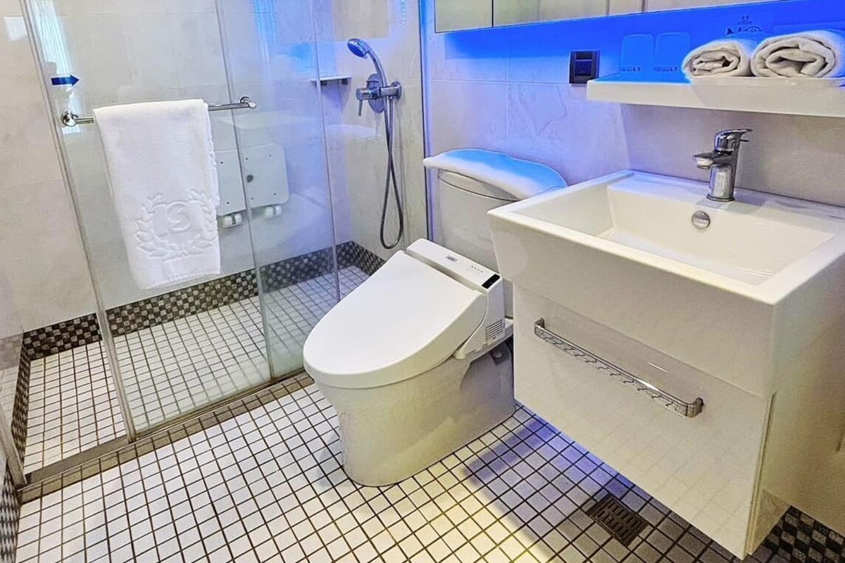 panoramic double room | bathroom | shower, free toiletries, hair dryer, towels