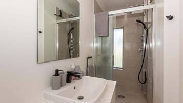 Shower, hair dryer, towels
