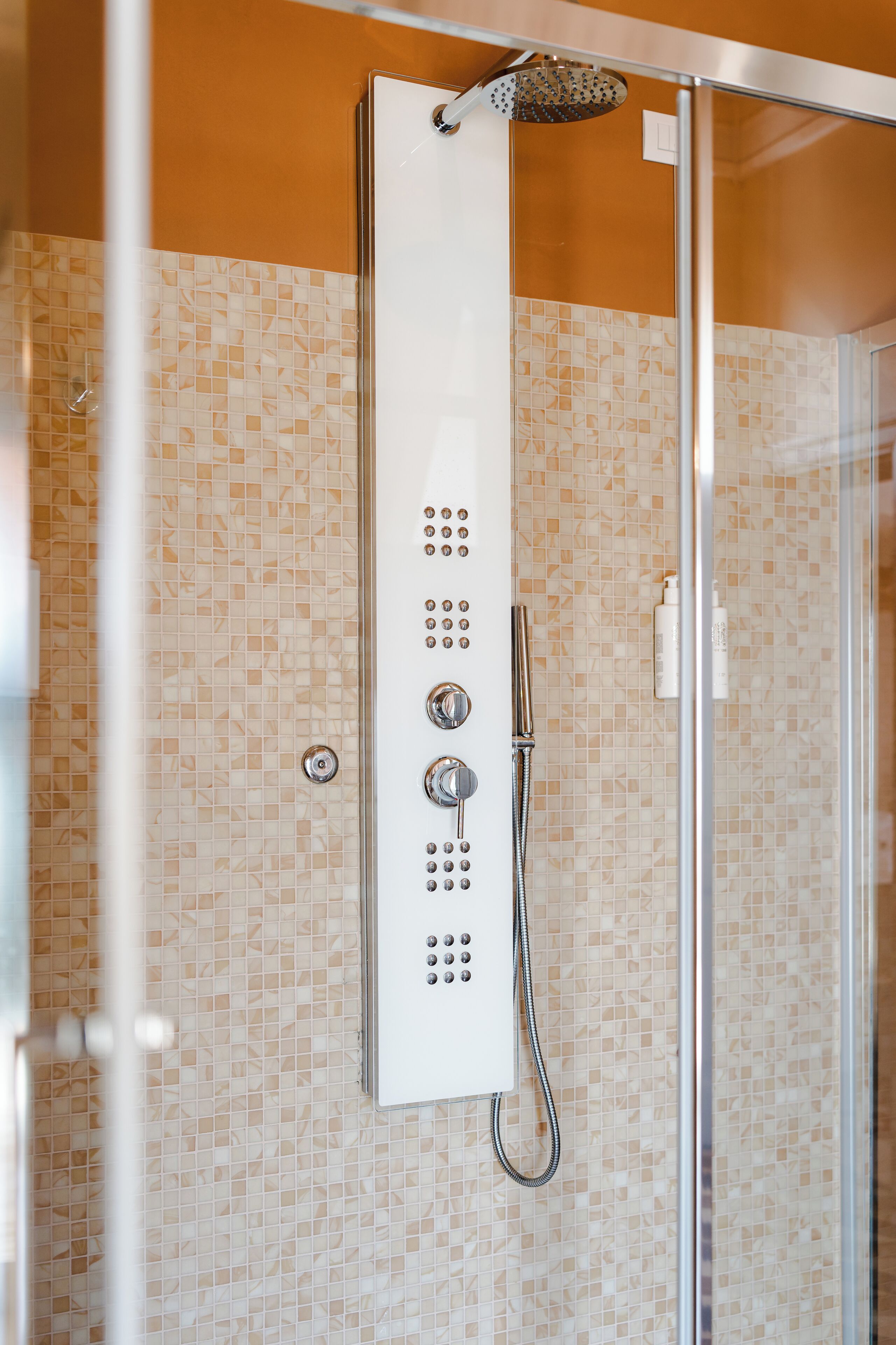 Een douche met bedieningspaneel, douchekop en handdouche.