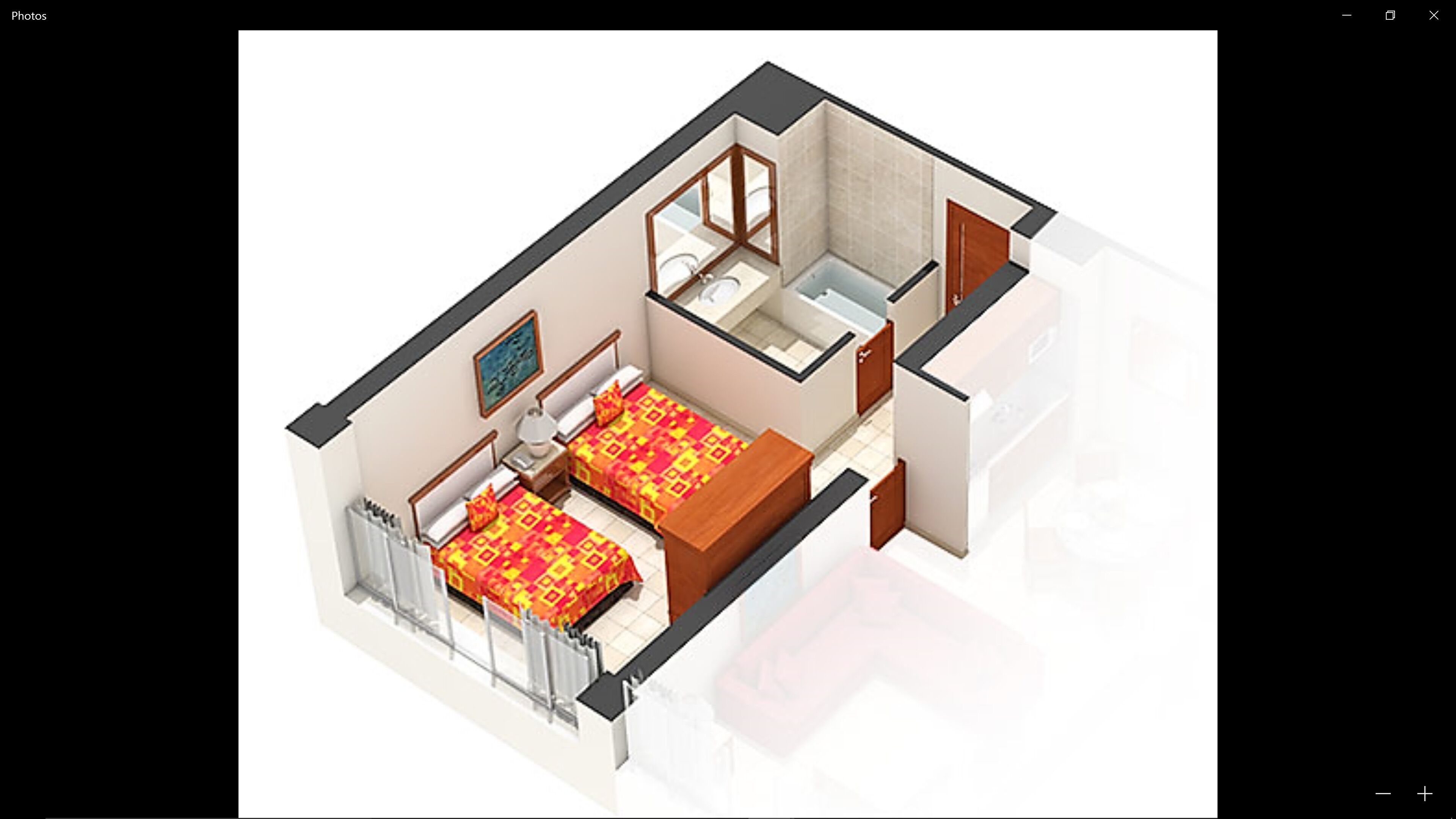 A 3D floor plan of a hotel room with a bed, a desk, a chair, a window, and a bathroom.