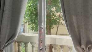 Une fenêtre donnant sur un balcon et des arbres à l’extérieur.