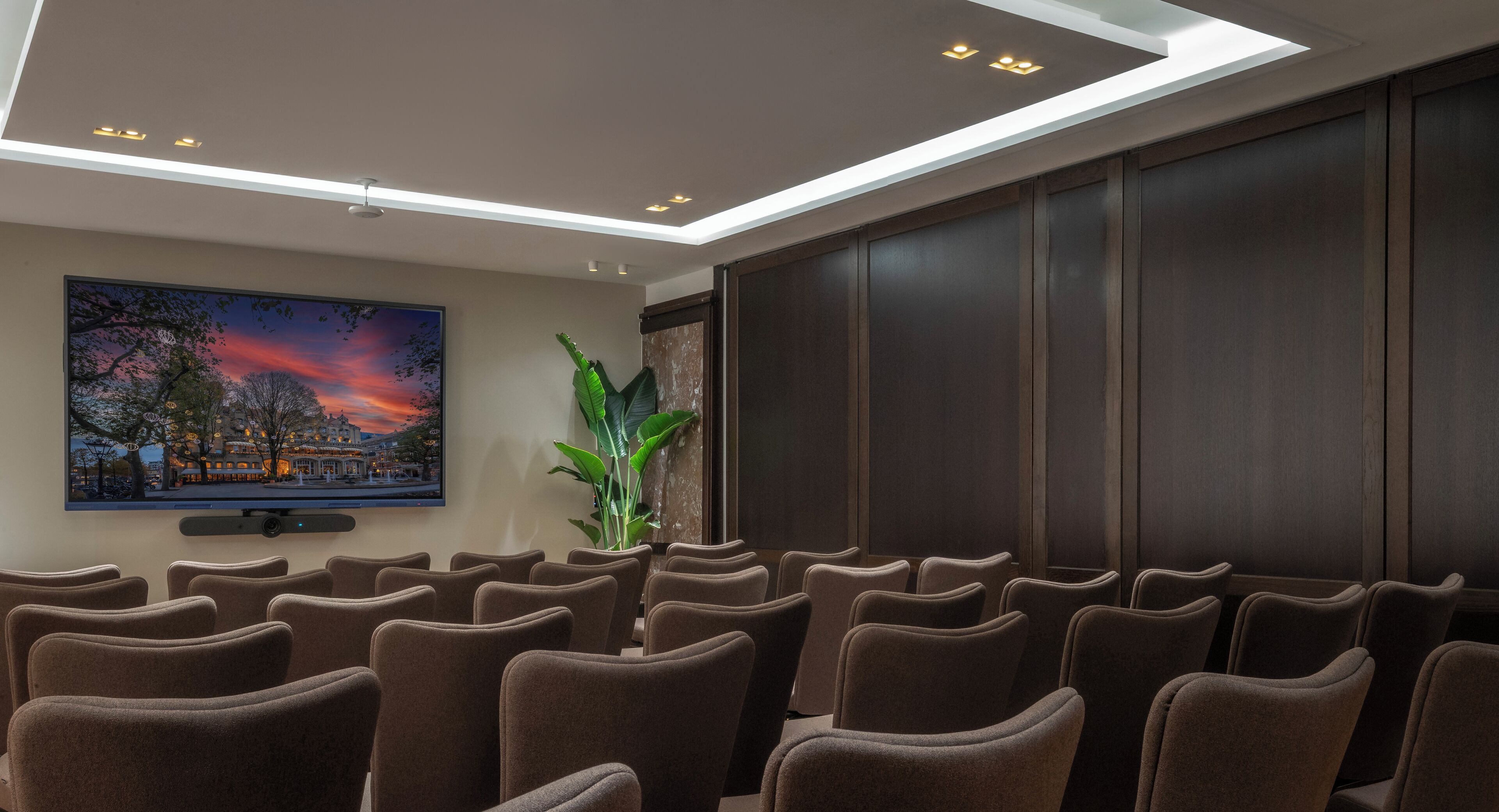 Een vergaderzaal met rijen stoelen, een groot schilderij van een zonsondergang en een plant.