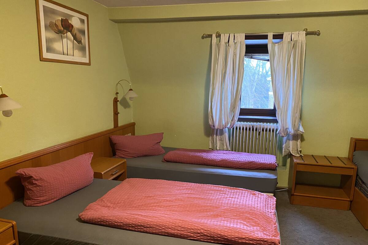 A room with two beds, each with pink bedding, a wooden headboard, and a bedside table. There is a window with curtains, a radiator, and a framed picture on the wall.