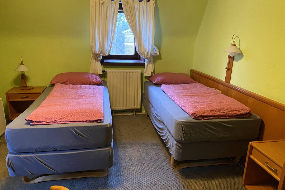 A room with two beds, a radiator, a lamp, and a window with curtains.