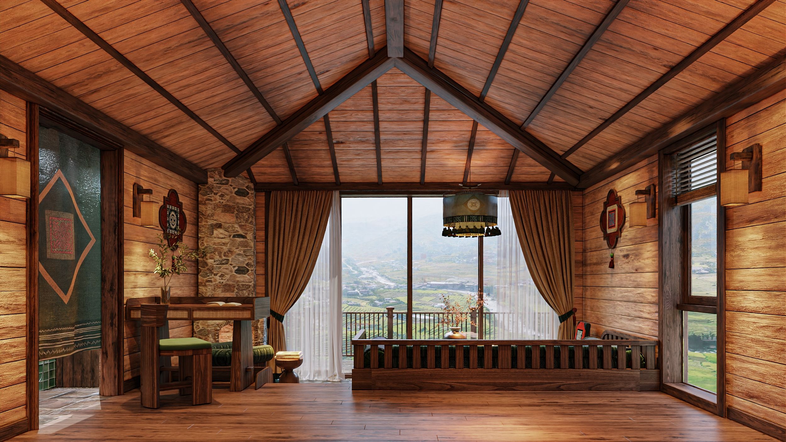 A cozy room with a sloped ceiling, wooden walls, a stone accent wall, a large window with a view, and a bench by the window.