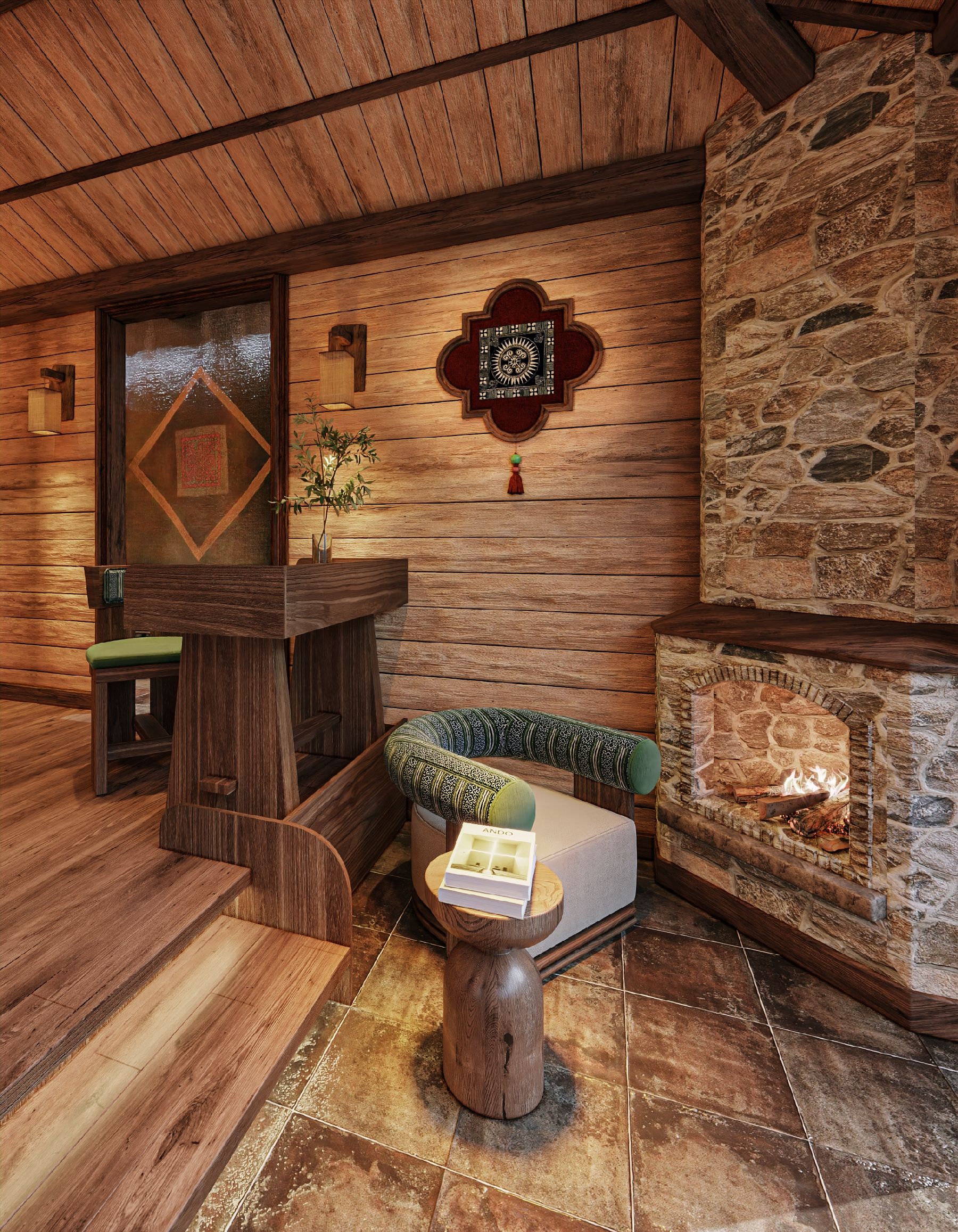 A cozy interior with a stone fireplace, wooden walls, a bench, and a small table with a book.