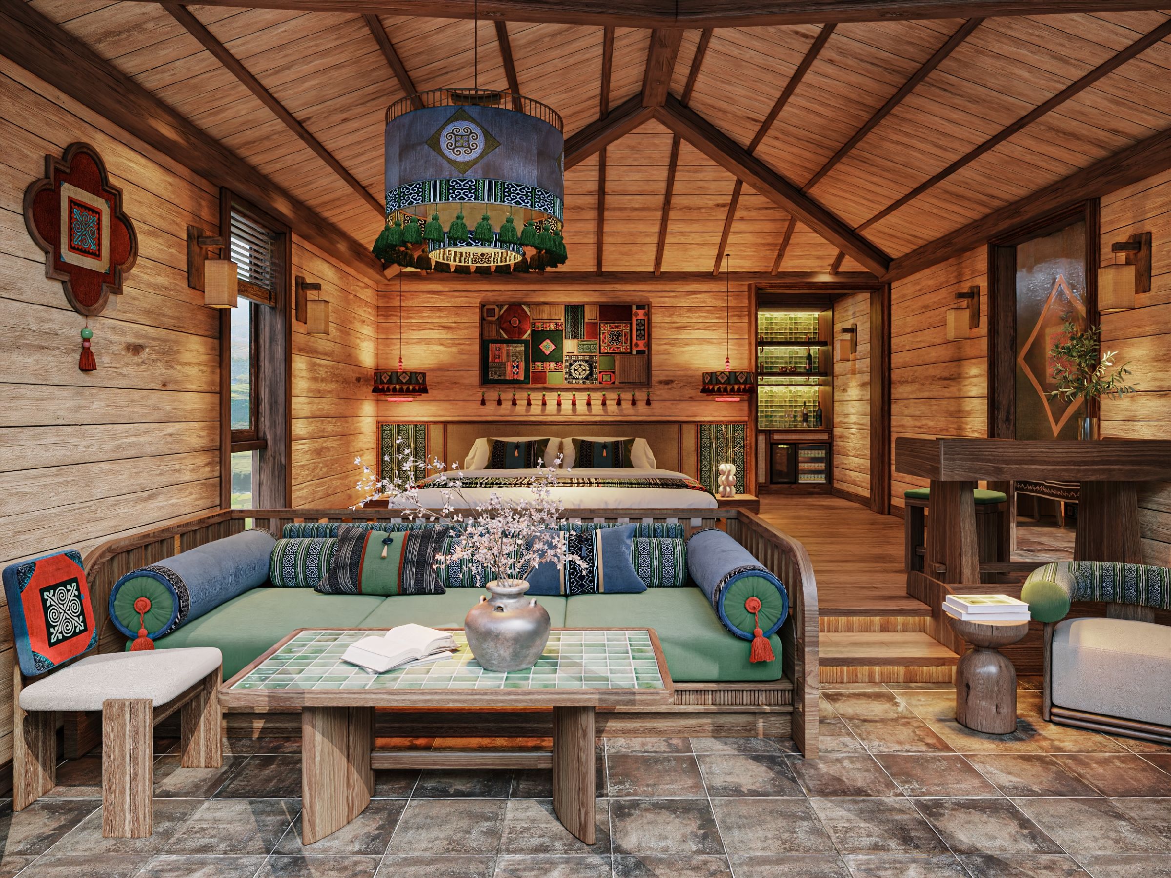 Interior acogedor de una cabaña de troncos con una cama grande, un banco de madera y una mesa de comedor.