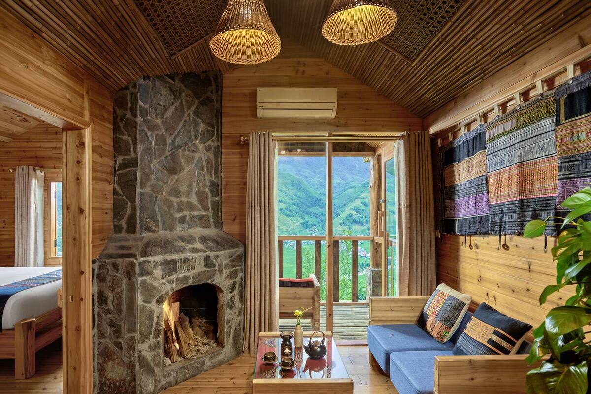 Bungalow Familial, cheminée, vue montagne | Coin séjour